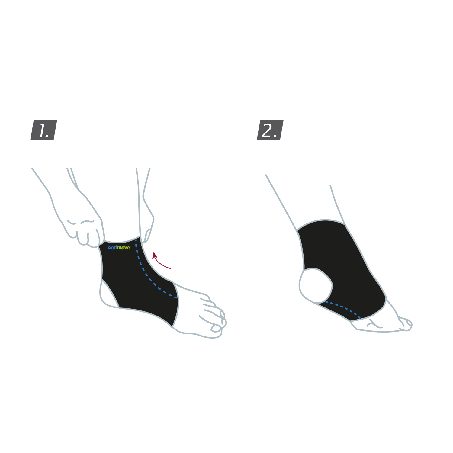 Kako navući prilagodljiv Actimove Sports Edition Ankle Support steznik: povucite navlaku preko gležnja 
 Kako navući prilagodljiv Actimove Sports Edition Ankle Support steznik: povucite navlaku preko gležnja